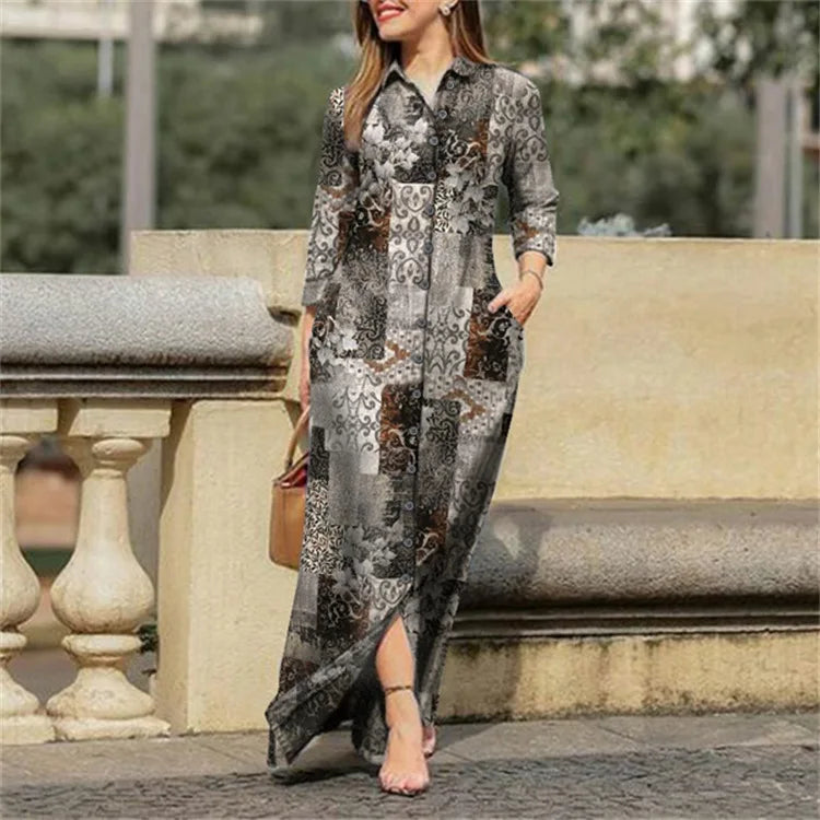 2024 Spring/Summer Women's Casual Floral Print Medium Length Shirt Dress with Elegant Button Up Holiday Party Dress Long Skirt