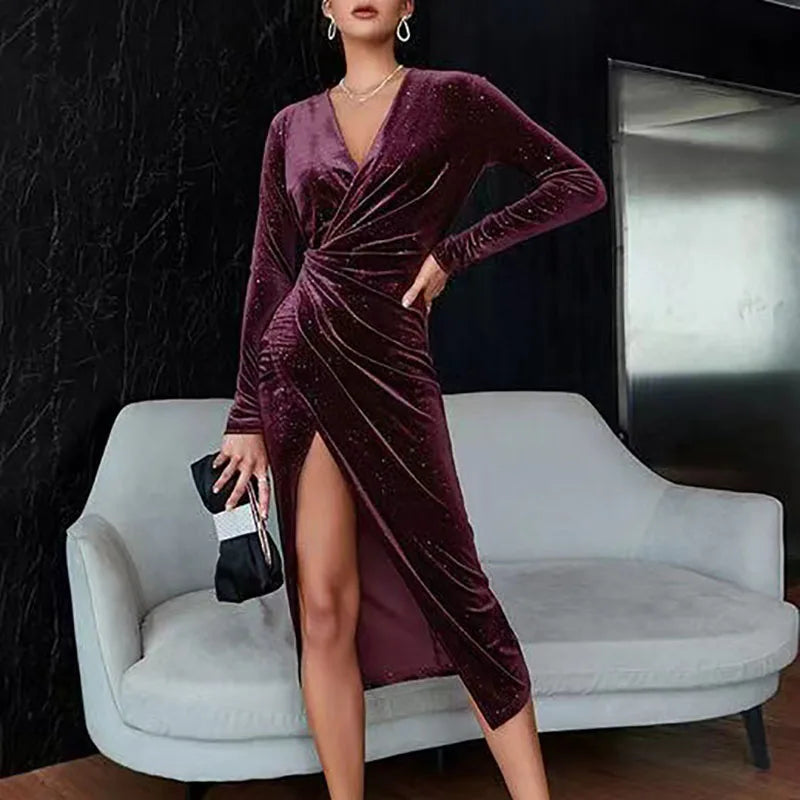 Sexy V-neck Draped Slim Club Party Dress New 2025 Fashion Bronzing Velvet Long Sleeve Dress Lady Elegant High Waist Split Dress