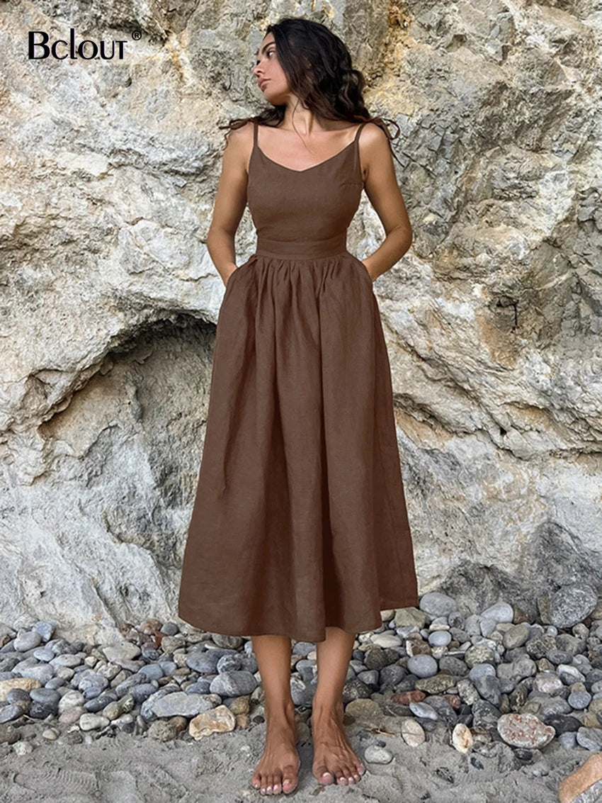 Bclout Fashion Brown Linen Long Dress Women 2024 Elegant Lace-Up Pockets A-Line Dresses Summer Sexy Backless Party Pleated Dress