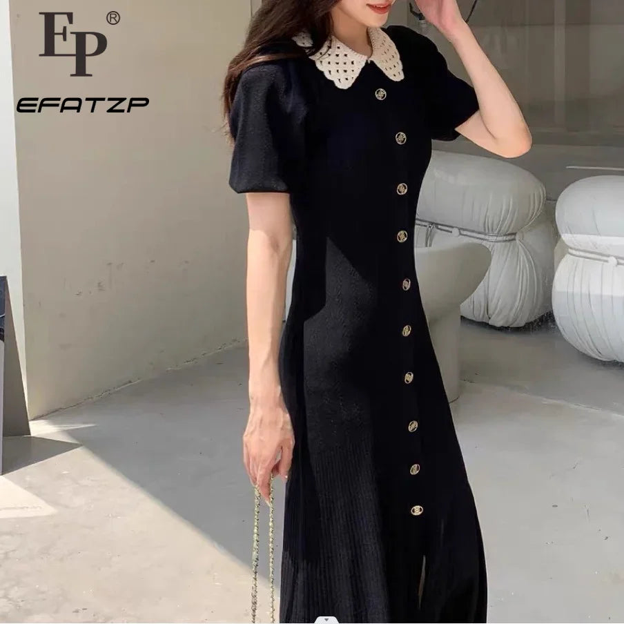 2023 Winter Women's New Dress Knitted French Brand Short Sleeve Slim and Elegant Casual Button Midi-Calf Dress Women 5220510