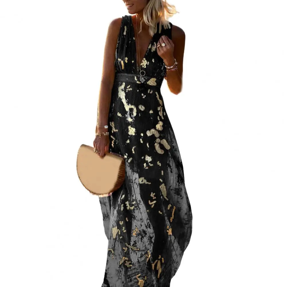 Flowy Hem Quick Drying Ankle-Length Summer Elegant Bronzing Printing Beach Party Maxi Dress Holiday Dress Streetwear