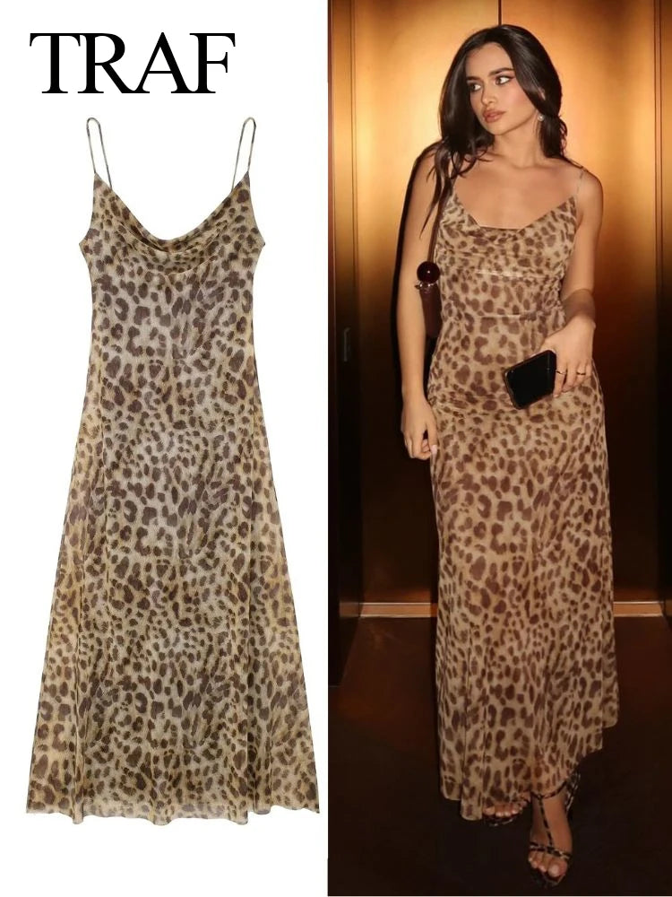 TRAF 2024 Women Summer Vintage Leopard Print Dress Sleeveless Backless Suspender Female Slim Casual Beach Party Long Dress