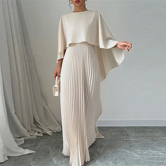 Women Elegant Crew Neck Irregular Shawl & Vest Pleated Dresses Autumn Solid Color Cloak 2 Piece Set Loose Evening Gown Vacation