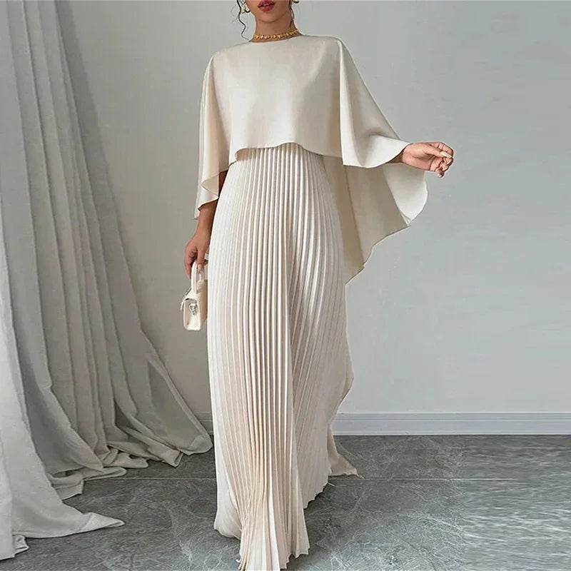 Women Elegant Crew Neck Irregular Shawl & Vest Pleated Dresses Autumn Solid Color Cloak 2 Piece Set Loose Evening Gown Vacation