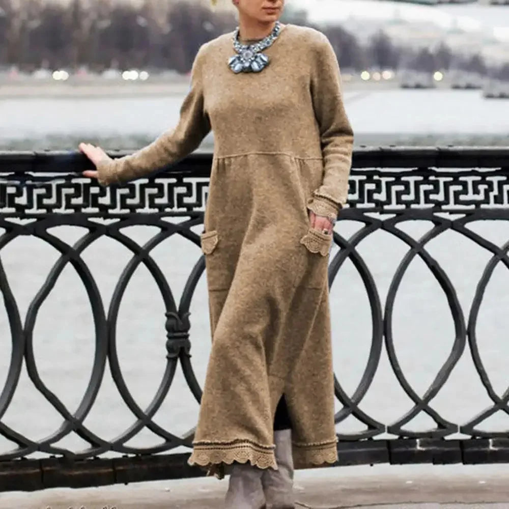 New Autumn And Winter Loose Large Size Knitted Lace Long Skirt Plus Velvet Sweatshirt Casual Solid Color Pocket Dress Vestidos