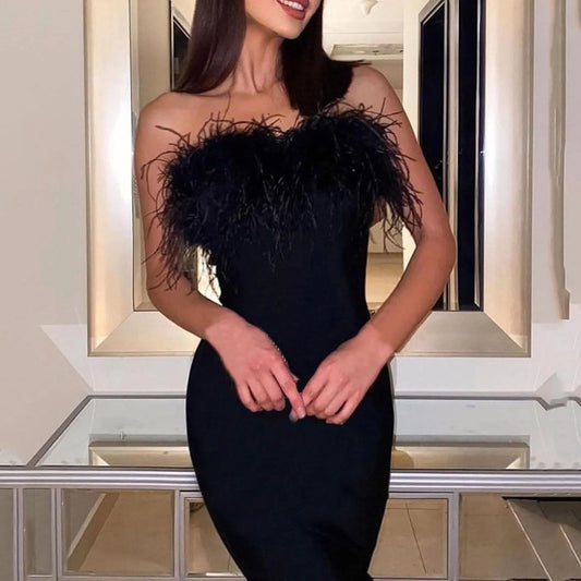 Women's Sexy Feather Bodycon Dress Fashion Strapless Backless Black White Midi Dresses Ladies Evening Party Club Prom Dress