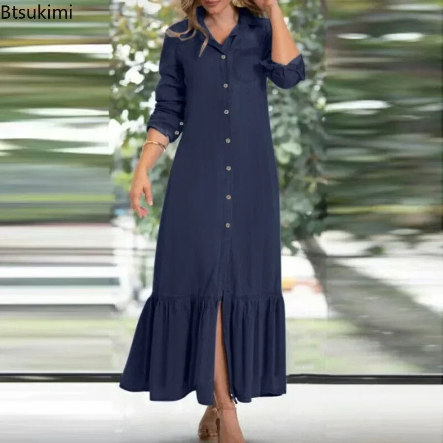 2025 Women's Casual Long Sleeve Jeans Dress Korean Fashion Ladies' Oversized Denim Dress Loose Elegant Beach Streetwear Dress