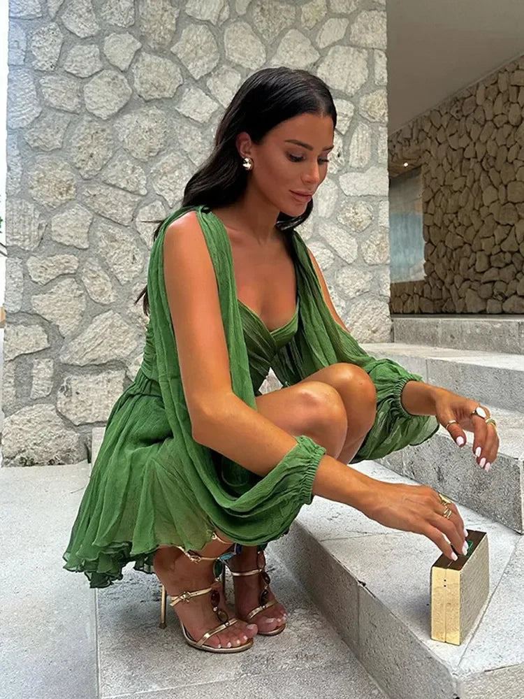 Vintage Green Chiffon Ruffles V-neck Mini Dresses Fashion Full Sleeves High Waist Pleated Hem Dress Women Night Party Vestidos