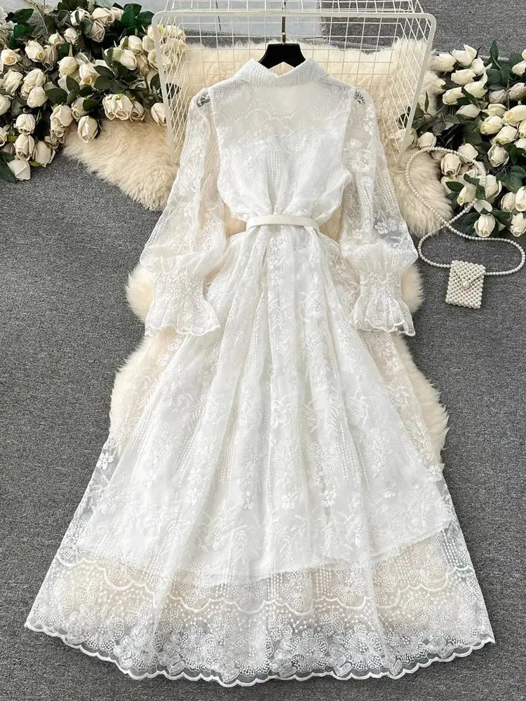 French Elegant Organza Mesh Lace Flower Embroidery Dress Women's Ruffles Pearls Single Breasted Belt Evening Party Vestidos