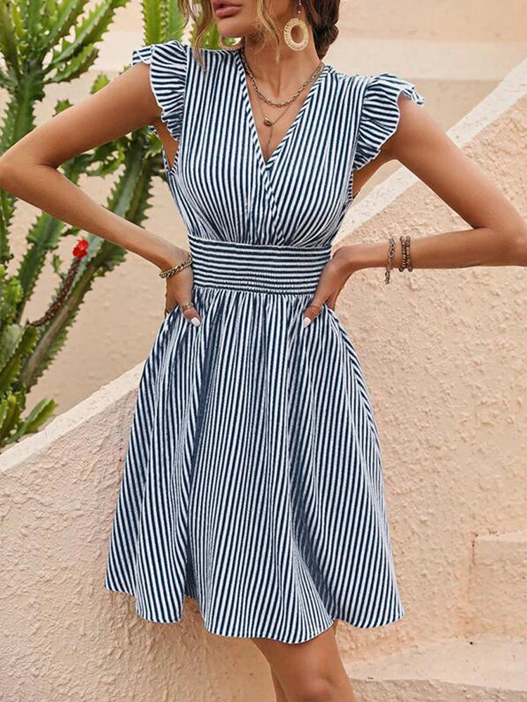 Casual Women's Summer Dresses Strip Print A-line Elastic Waist Midi Dress Flounce Sleeves Elegant Short Dress for Women 2024