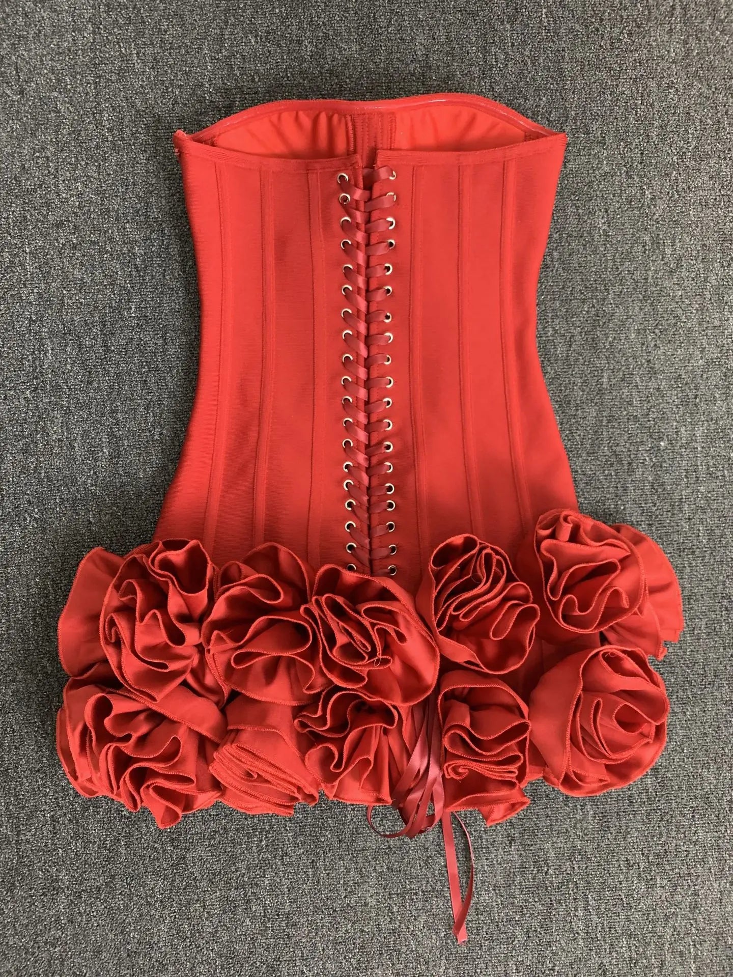 Women Red Evening Bandage Dress Hot Strapless Bodycon Flowers Hem Laced Up Mini Celebrity Birthday Party Dresses One Piece Gala