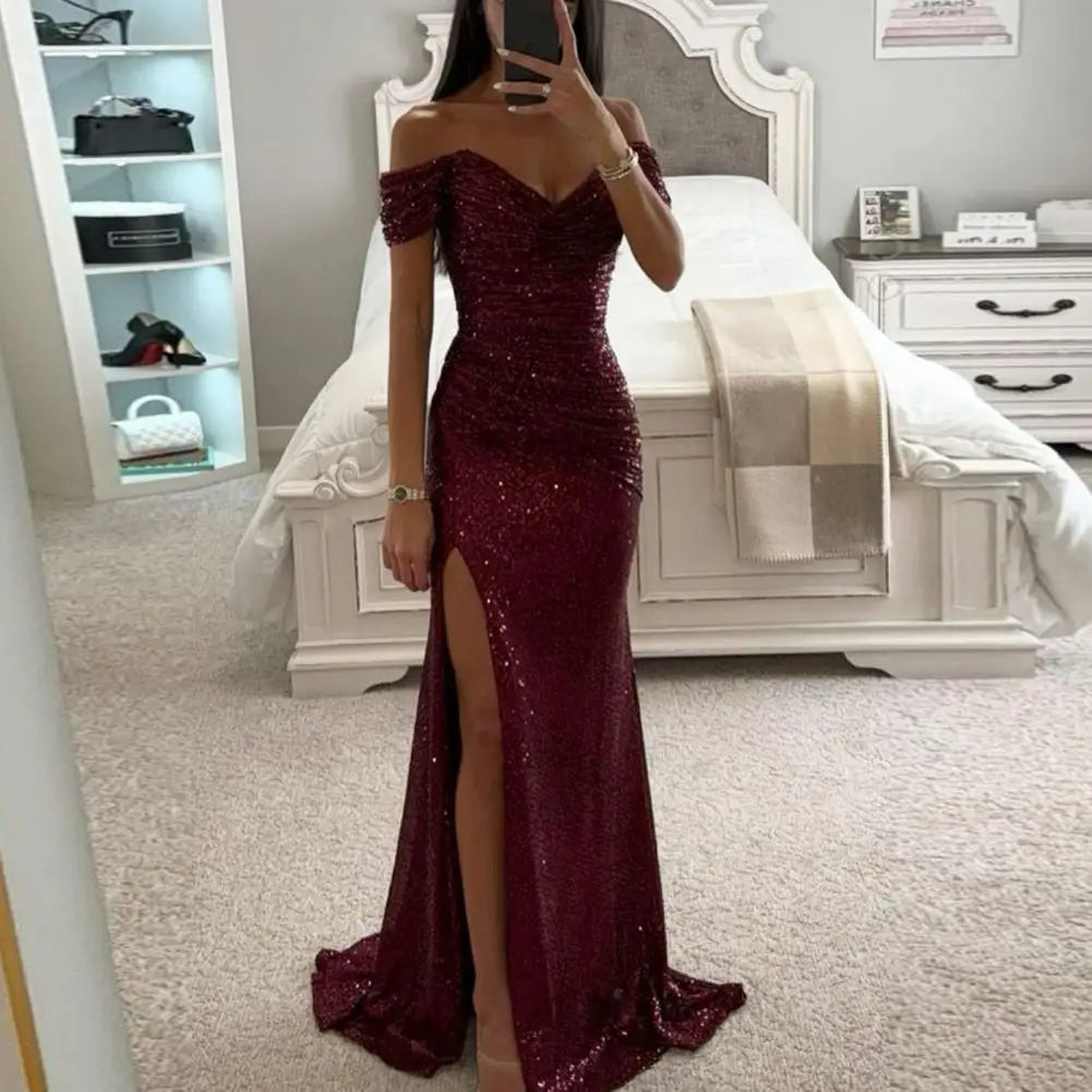 Women V-Neck Off Shoulder Maxi Dress Sequin Pleated Short Sleeve Waist Tight Evening Party Prom Dress Slim Sexy Split Long Dress