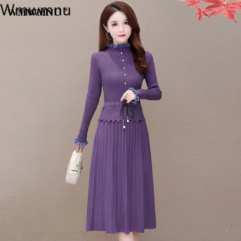 Slim Midi Sweater Dress Elegant Ruffle Long Sleeve Knitted Dress Women Vintage Fall Patchwork Drawstring Waist Bottoming Dresses