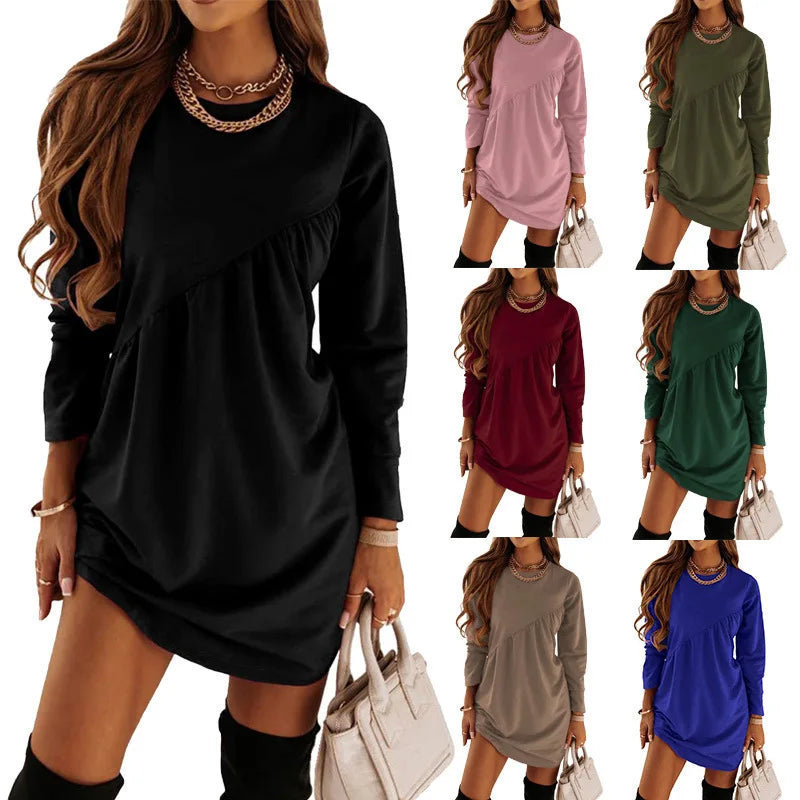 Women Loose Sweatshirt Dress Spring Autumn Female Round Collar Long Sleeve Solid Color Sporty Dresses YSY-YSY3072