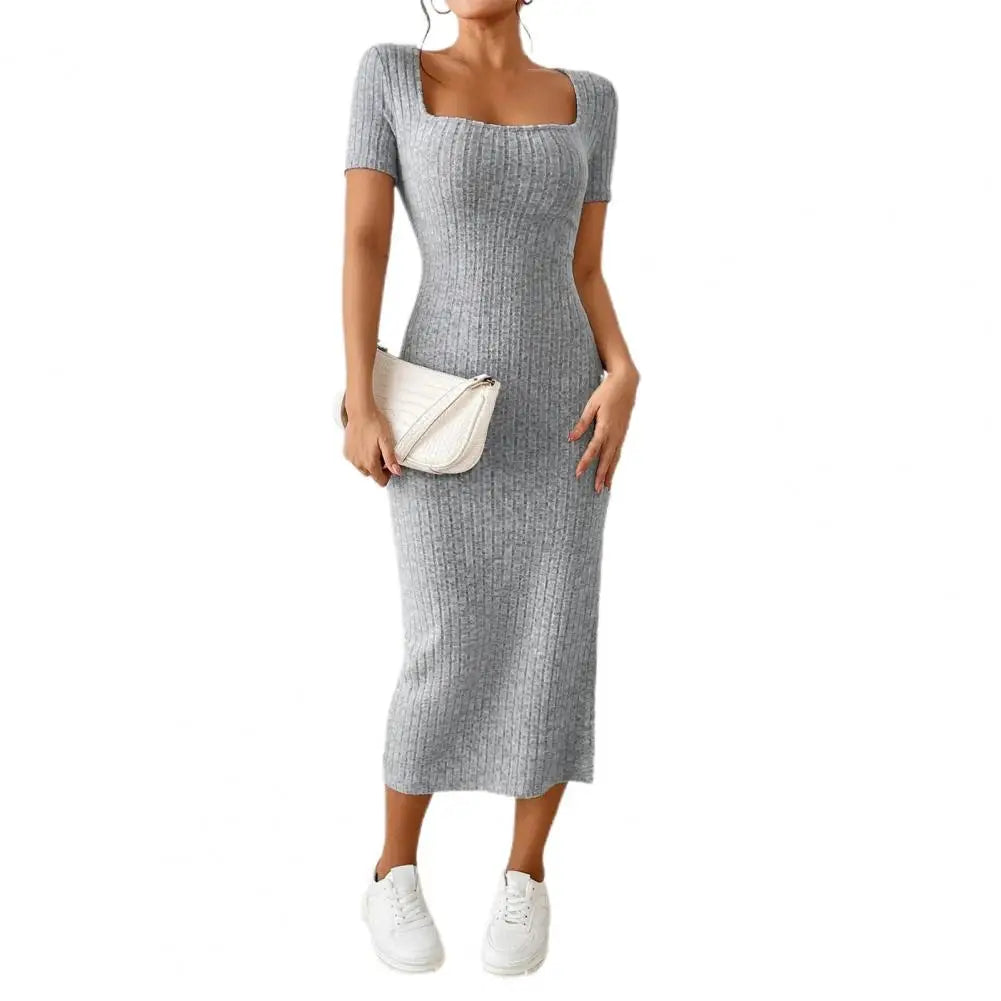 Women Summer Dress Split Hem Knitted Elastic Mid-calf Length Knitted Slit Dress Lady Party Commute Casual Ins Style Midi Dress