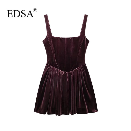 EDSA Women Gathered Corsetry-inspired Mini Dress with Straps Square Neckline Side In-seam Pockets Short Dresses