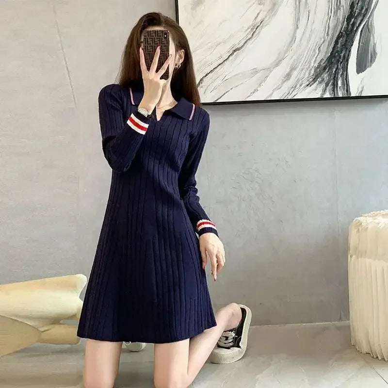 Autumn Winter Polo Collar Tweed Style Long Sleeve Knit Dress Slimming Casual Innerwear Sweater Skirt For Women