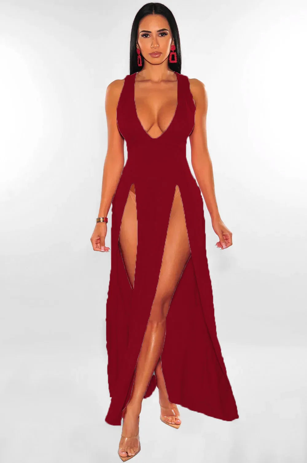 2024 Summer New Women Sexy High Split Dresses Sleeveless Deep V-Neck High Slit Long Party Bodycon Red Dresses