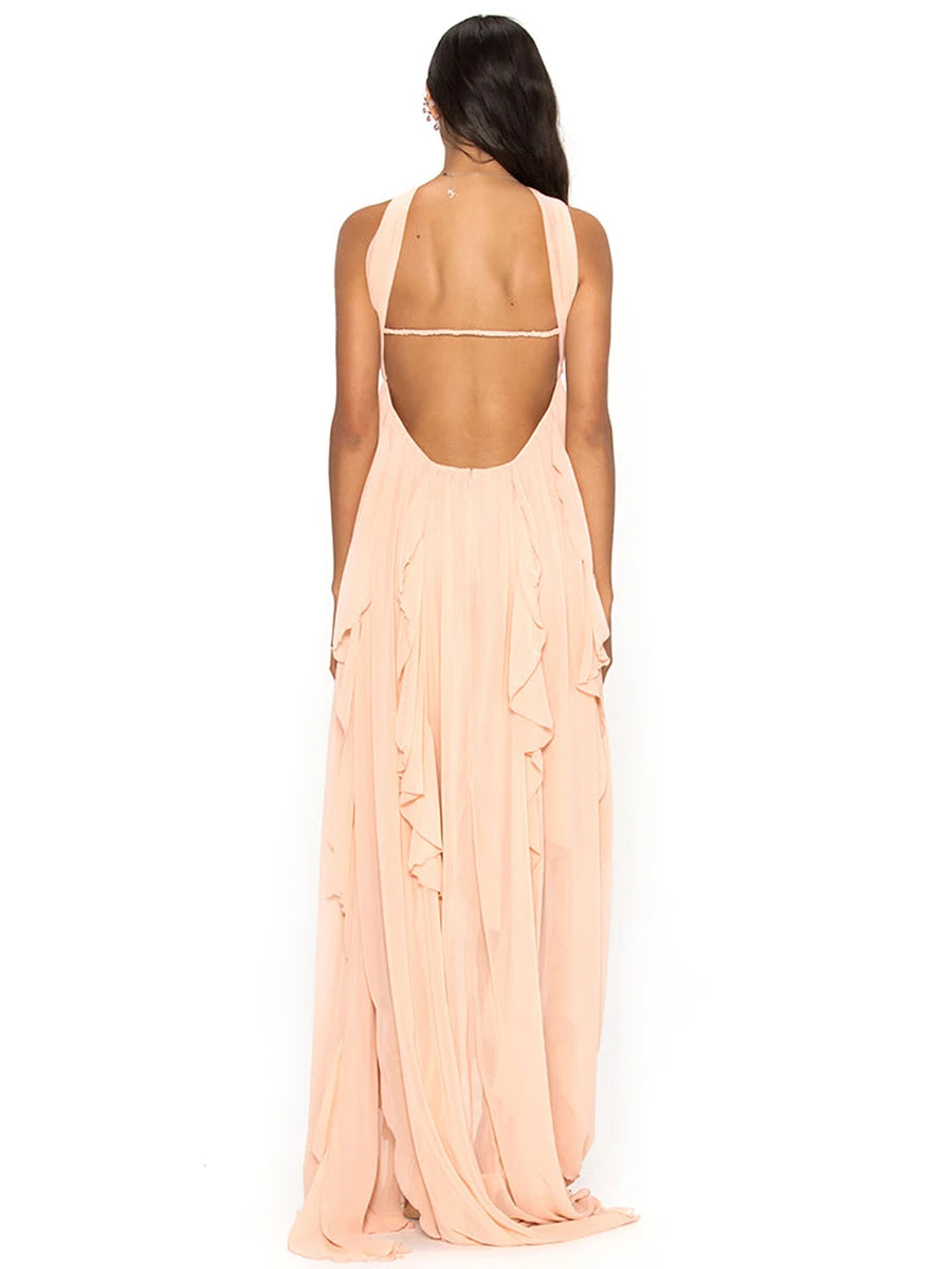 Women Summer Sleeveless Maxi Dress Irregular Ruffled Backless Party Cocktail Long Dress Sexy Y2k Going Out Dress