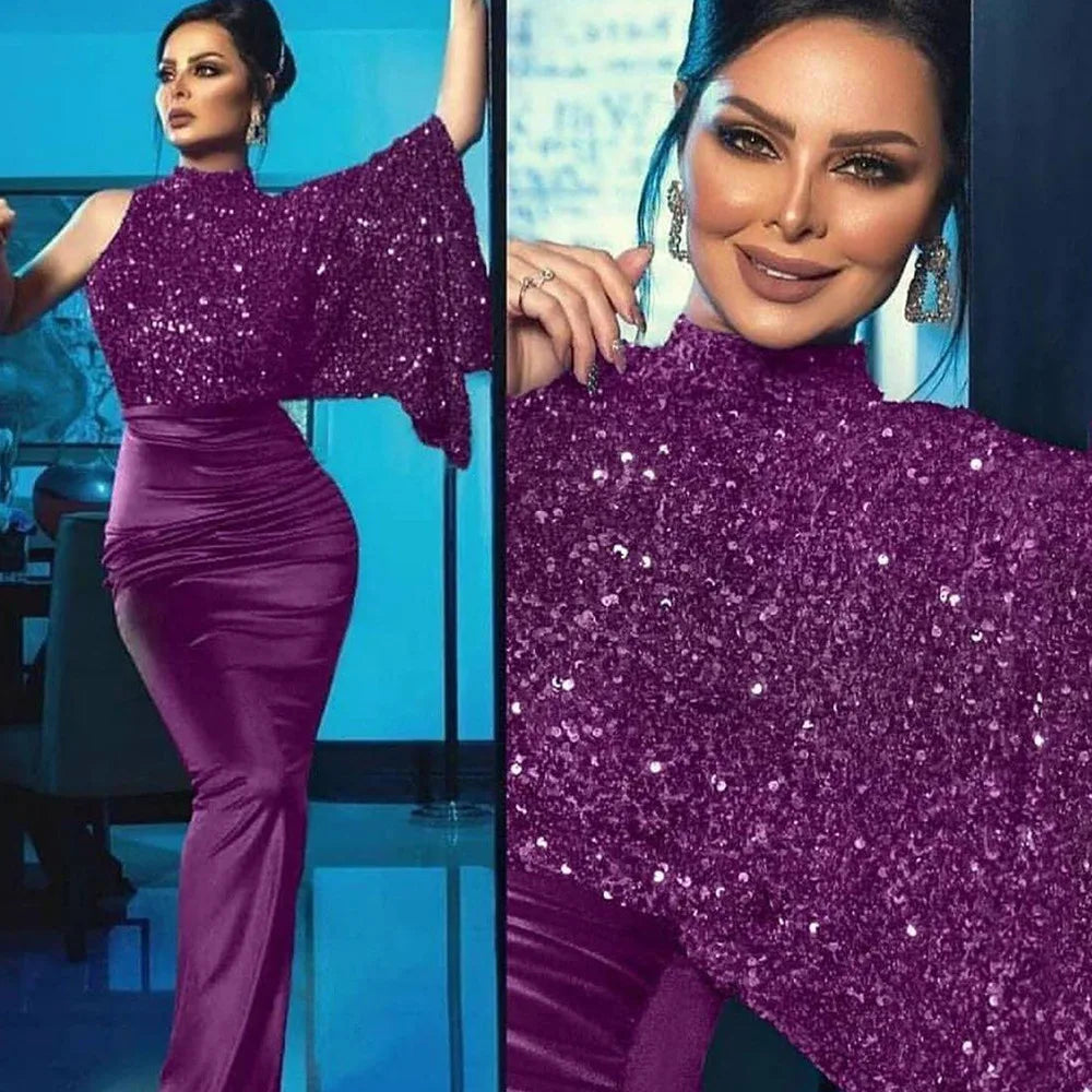 2023 new women's dress solid color sequin party wrap buttock shawl long evening gown