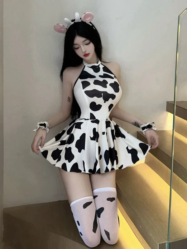 Exotic Summer Fashion Women's new Clothing Hanging Neck Black and White Cow Print Sweet and Cute Girl Style Elegant Dress 7V0Z