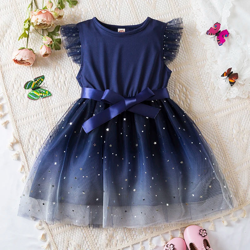 2024 New in Dress Solid Sequin Summer Dress 2 4 6 Years Kid's Princess Dress Fly Sleeve Elegant Cute Birthday Party Dress