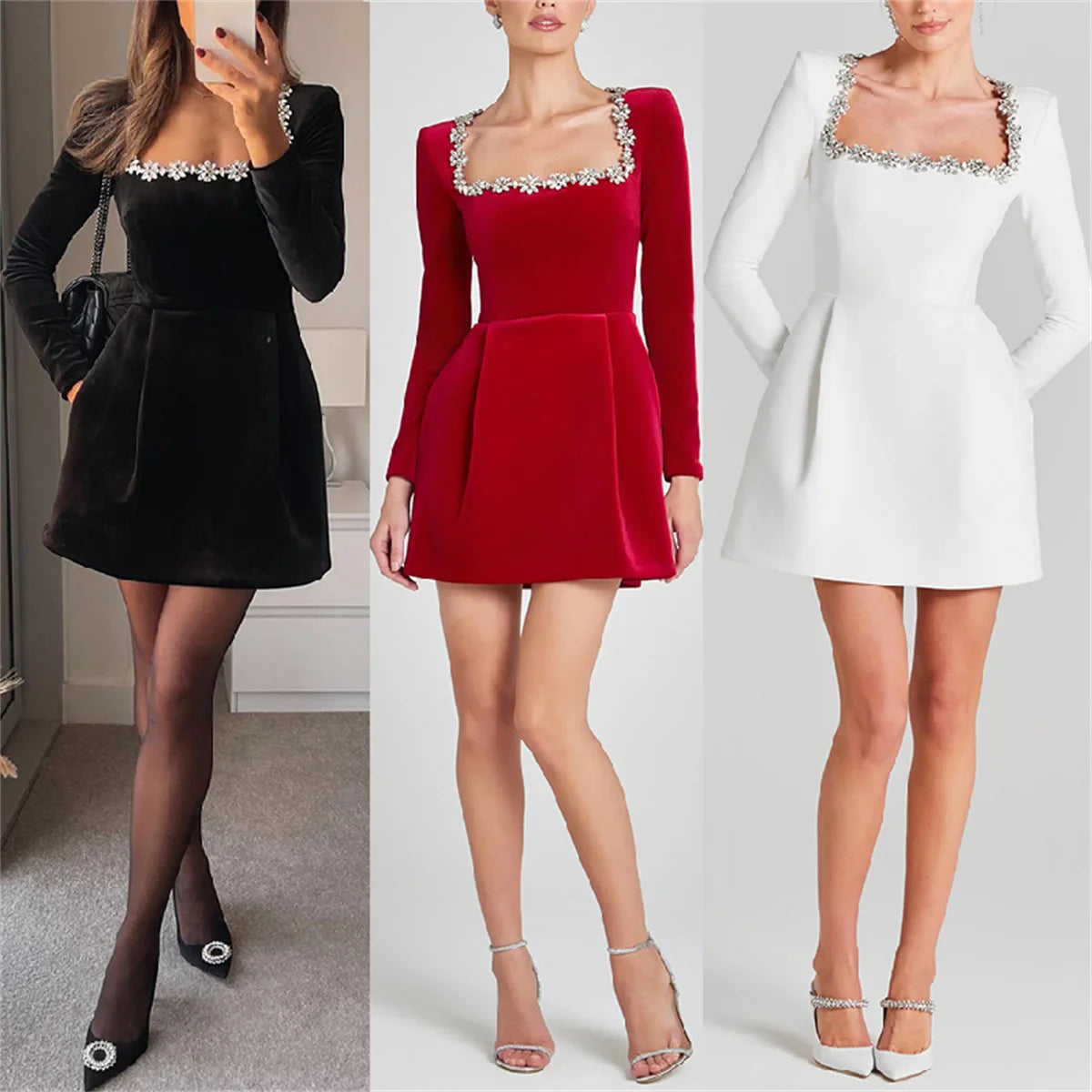 Solid Square Collar Rhinestone Long Sleeve Velvet Gown Elegant High Waist A-line Beaded Dresses New Lady Evening Party Vestidos