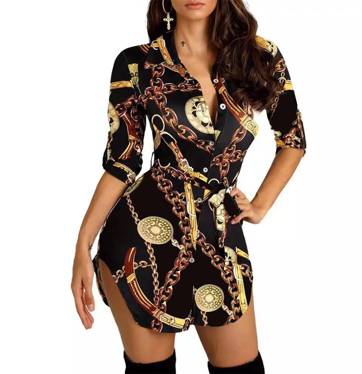 2024 Autumn New Women's Dress Fashionable Sexy Gold Chain Slim Fit Printed Single Breasted Lace Up Waist Cinching Short Skirt