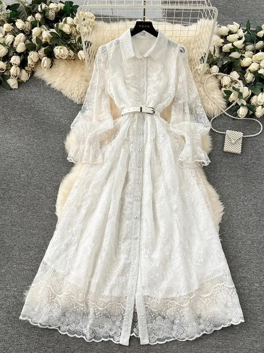 French Elegant Organza Mesh Lace Flower Embroidery Dress Women's Ruffles Pearls Single Breasted Belt Evening Party Vestidos