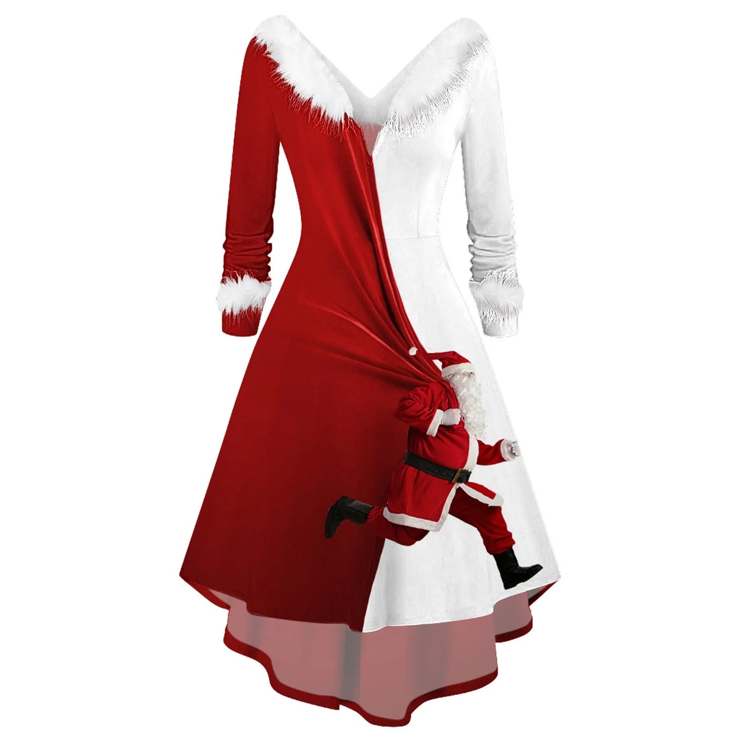 Fashion Spliced Christmas Dress Women Winter Furry Plush Party Dress Female Long Sleeve Irregular A -line Dress Vestidos Navidad