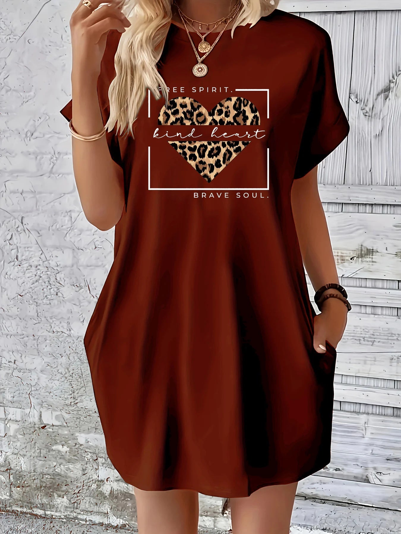 Women's Summer Loose HALF HOOD HALF HOLY Print Round Neck Short Sleeve Pockets Comfortable Casual Plus Size Dress