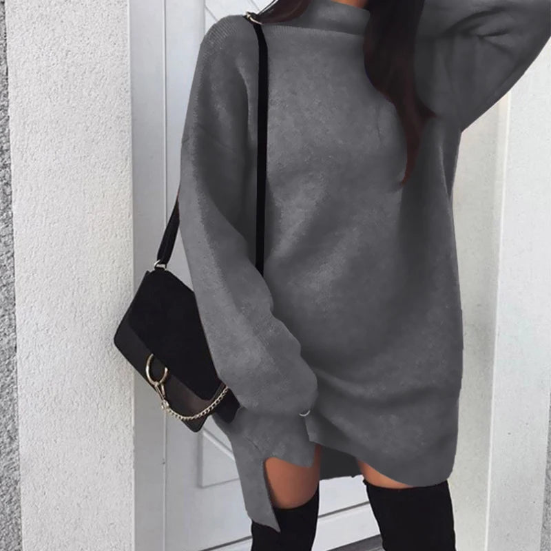 Fleece High Neck Side Slit Casual Long Sleeve Short Dress Women Dress Autumn Winter All-match Simple Basic Sportwear Sweatshirt