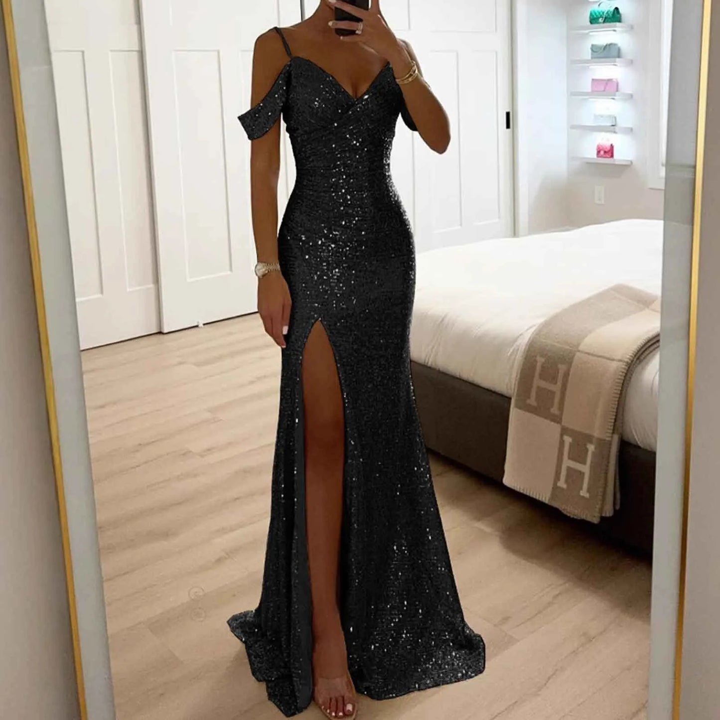 Chic and Elegant Women Evening Maxi Dresses 2024 Off-Shoulder Sequin Mermaid Prom Formal Gowns For Party Split Night Dress