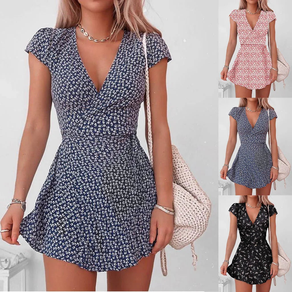 Summer European And American Women's Clothing Floral Skirt Print Floral Half V-Neck Mini Sleeve Dress Women's Dress