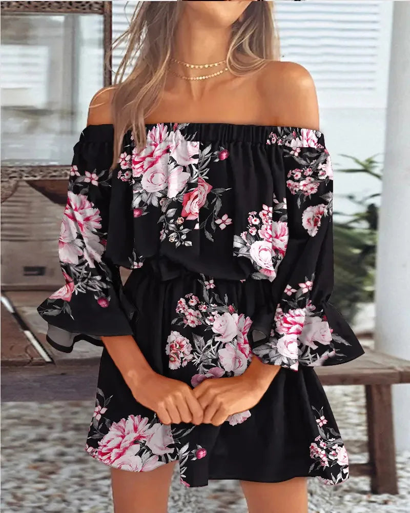 New women's sexy fashion one-shoulder printed dress