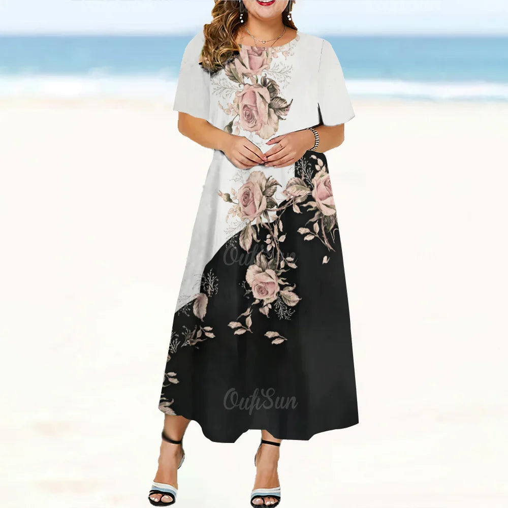 Elegant Fashions Womens Dresses Oversize Woman Dresses Clothing Round Neck Short Sleeves Long Dress Flowers Print Loose Pullover