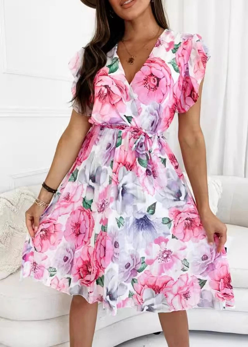 Women's Summer Vacation Flower Pleated Drifting Sleeves Wrapped Waist Leisure Fragmented Mid Rise Dress