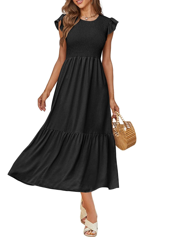 Women's Casual Summer Maxi Dresses with Pockets Short Ruffle Sleeve Smocked Tiered Long Dress Beach Sundress Basic Solid 2024