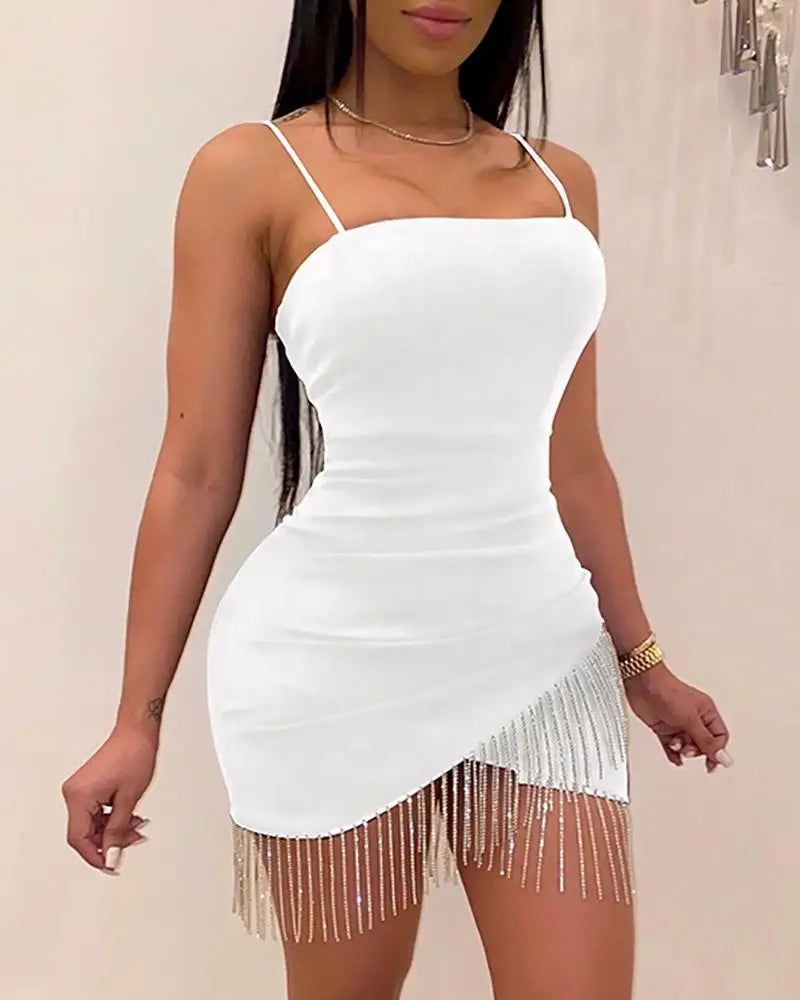 New Woman Party Night Birthday Tassel Split Sleeveless Bodycon Dress Summer Elegant Suspender Short Mini Pencil Sexy Dresses