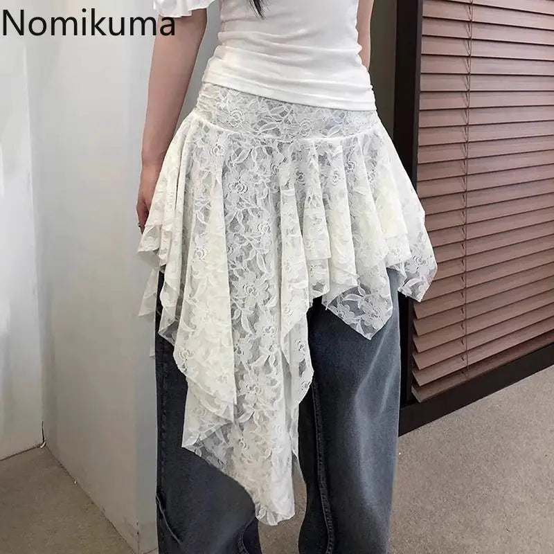 Harajuku Lace Mini Skirt for Women 2024 Faldas Mujer De Moda High Waist A-line Jupe Chic Irregular Y2k Skirts Korean Summer Saia