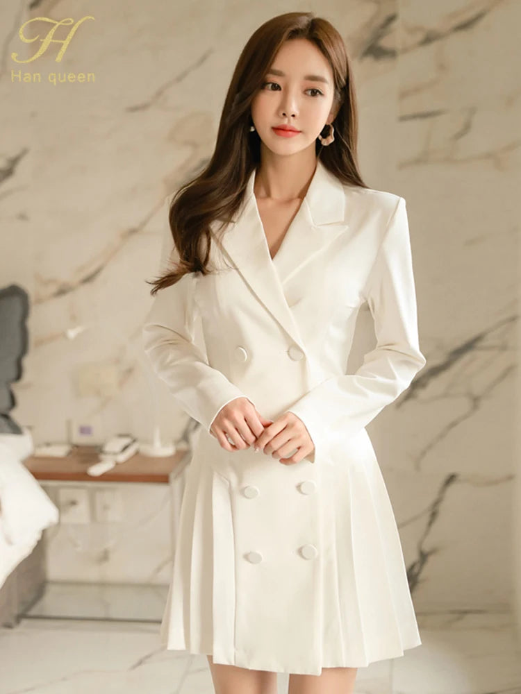 H Han Queen Autumn Elegant White Occupation Double-Breasted Pleated Dress Women Office Dresses Simple Slim Party Casual Vestidos