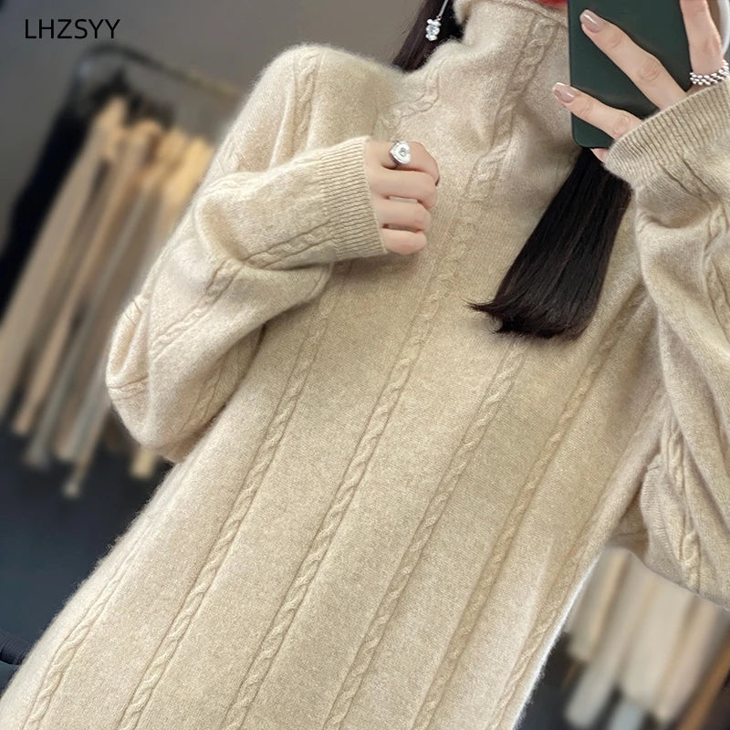 LHZSYY Turtleneck 100% Pure Wool Dress Women's New Autumn Winter Hip Wrap Knit Skirt High-End Sweaters Loose Cashmere Long Dress