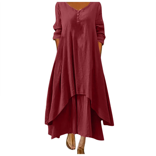 Cotton Women'S Casual Fashion Loose Long Dress With Button Solid Color Dresses