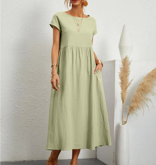 Women's Elegant Solid Color Dress Summer Short Sleeve O-Neck Vintage Harajuku Cotton Linen Comfortable Loose Pocket Long Dress