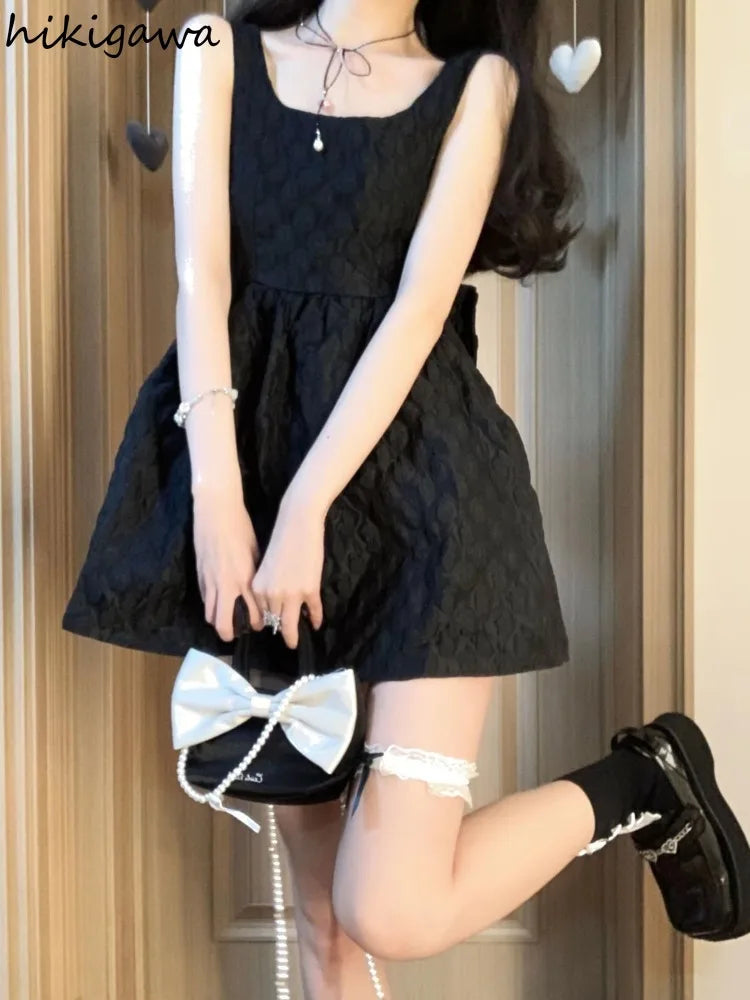 Black Woman Dress 2024 Vestidos De Mujer Bandage Bow Sleeveless Tunic Summer Robe Femme Square Collar A-line Sexy Dresses 7n927