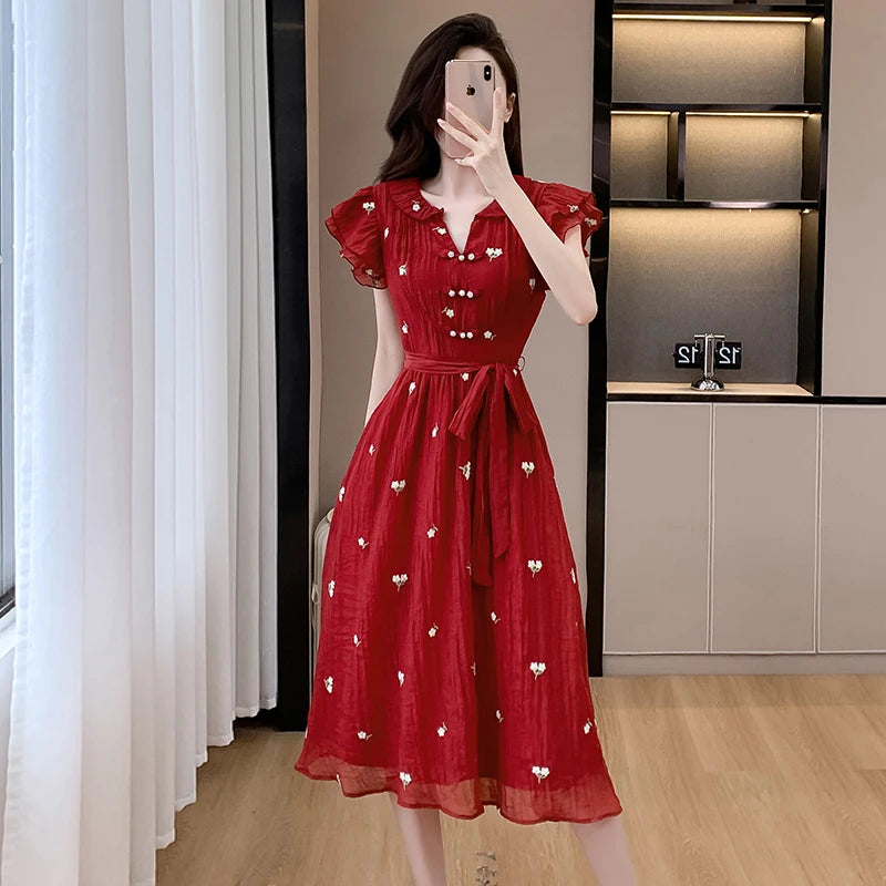 New Fashion Elegant Women V Neck Dress New French Summer Red Short Sleeve Lace Up Slim Waist Office Ladies A Line Vestidos