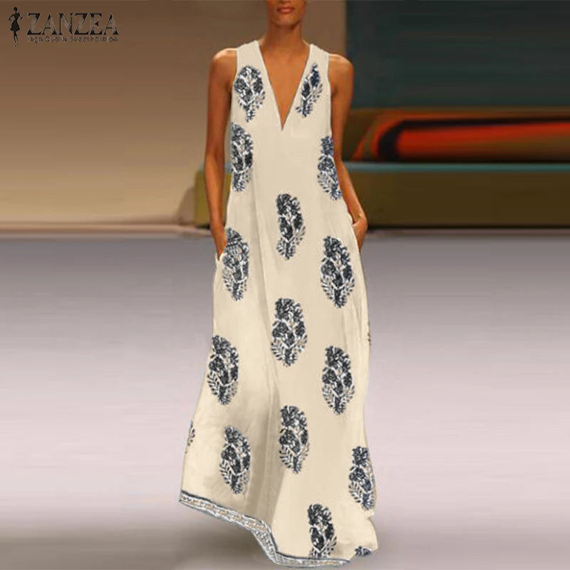 Summer Maxi Dress Women's Sundress 2024 ZANZEA Fashion Sexy V Neck Sleeveless Vestidos Female Casual Print Long Robe Femme