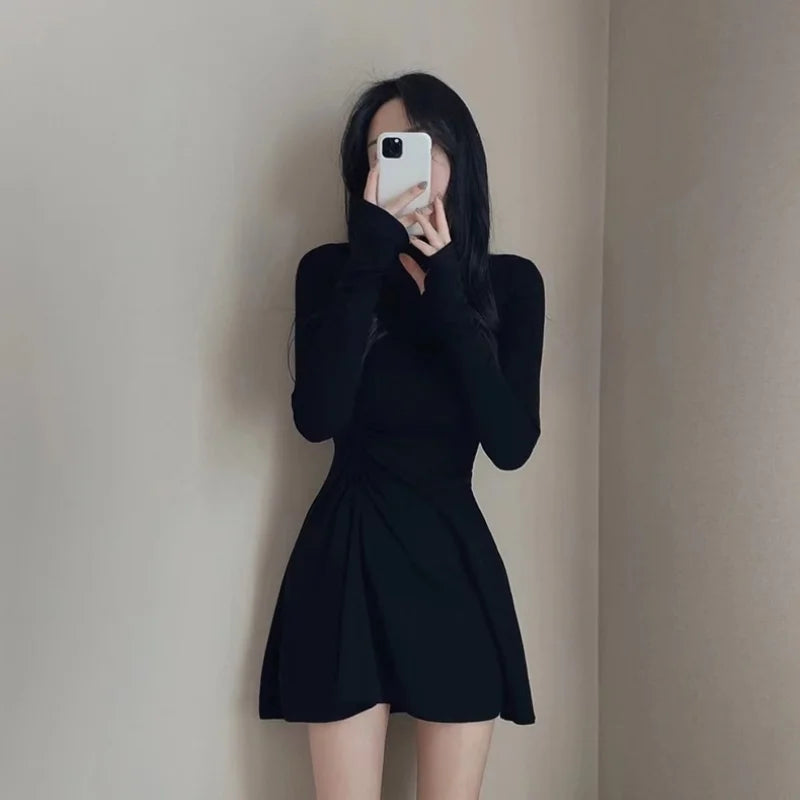 Spring Autumn Stylish Folds Dresses Waist Female Clothing Solid Color Basic Half High Collar Elegant A-Line Korean Mini Dress