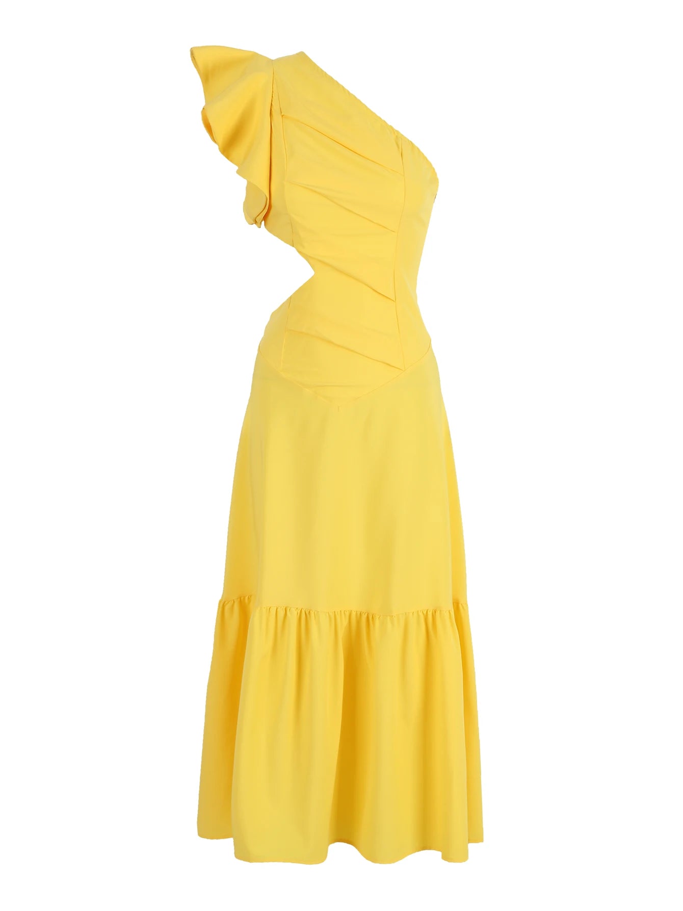 One Shoulder Ruffle Dress Hollow Out Bodycon  Women Sleeveless A-line Yellow Long Dress Fashion Beach Style Female Robe Summer