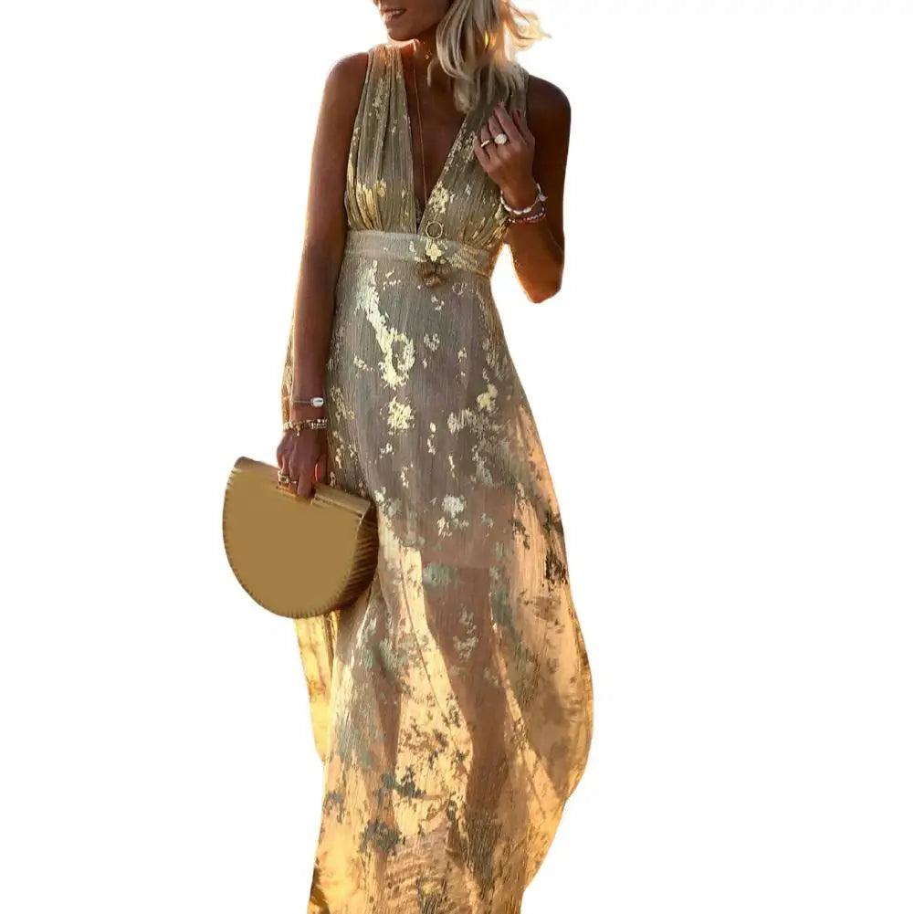 Flowy Hem Quick Drying Ankle-Length Summer Elegant Bronzing Printing Beach Party Maxi Dress Holiday Dress Streetwear